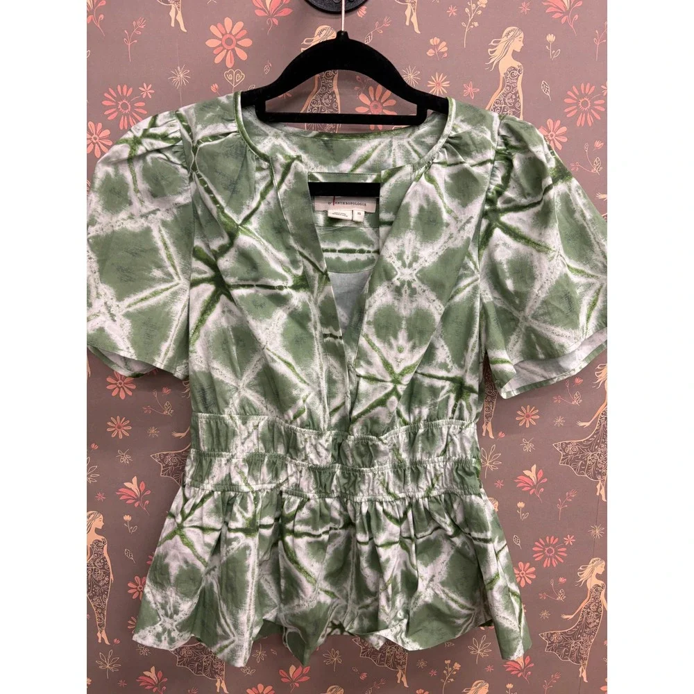 By Anthropologie Green Shibori Tie Dye Puff Sleeve Peplum Blouse XS OB1926669